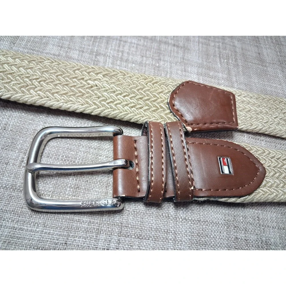 Tommy Hilfiger Mens Khaki Tan Braided Stretch Belt Brown Leather Trim Lg 40-42